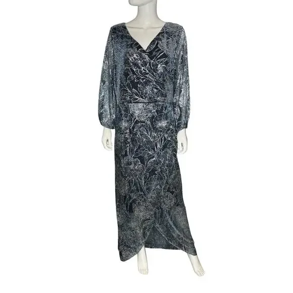 SL Fashions Metallic Print Blouson-Sleeve High-Low Gown Teal Silver Sz 18 - Picture 2 of 9